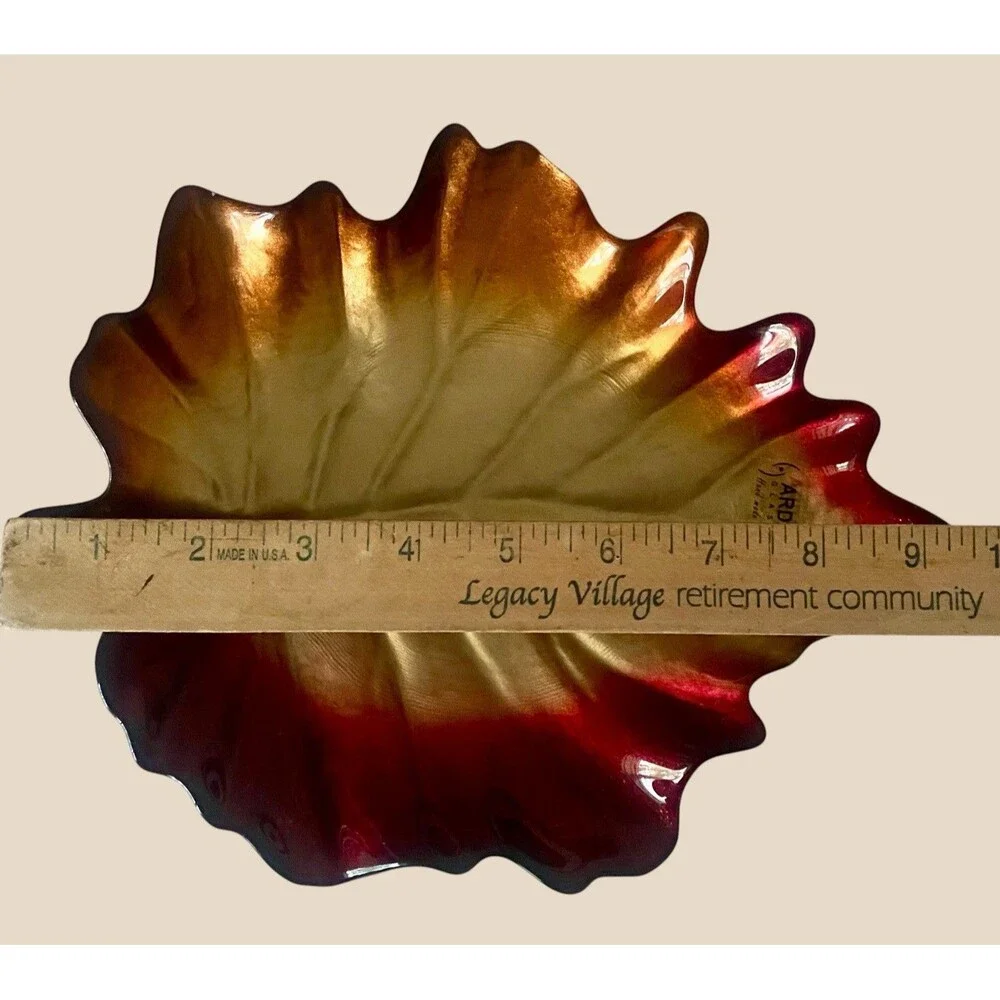 VTG Arda Glassware Autumn Leaf Bowl Tray Iridescent Art Glass Handmade Turkey